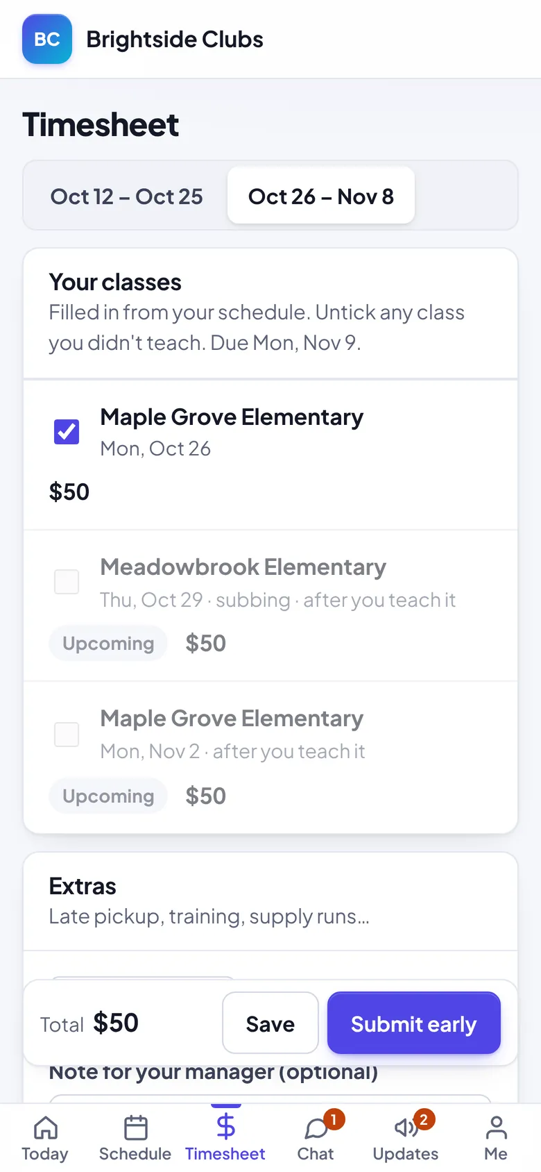 Coach app, Timesheet: classes filled in from the schedule, ready to submit
