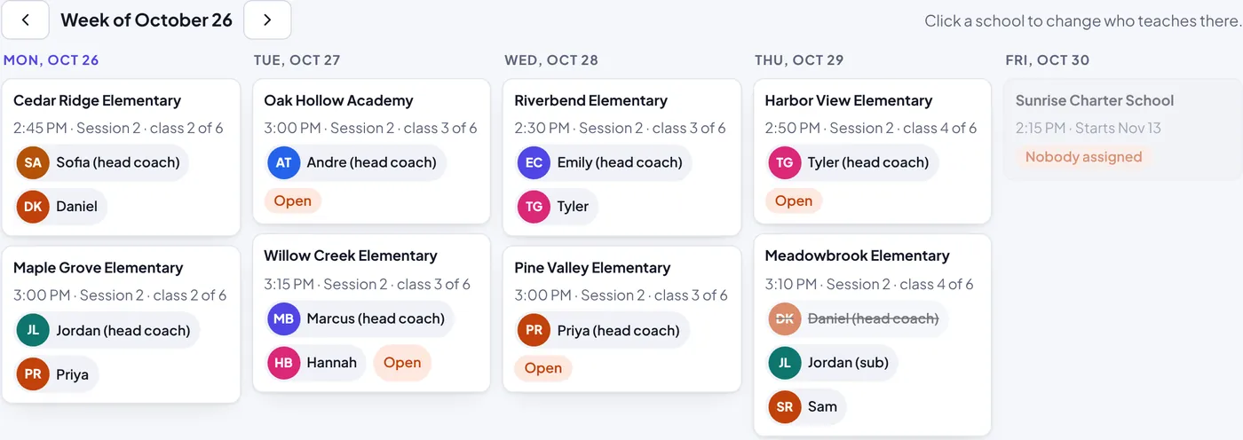 The weekly schedule: every school by day with its coaches, open spots and a sub
