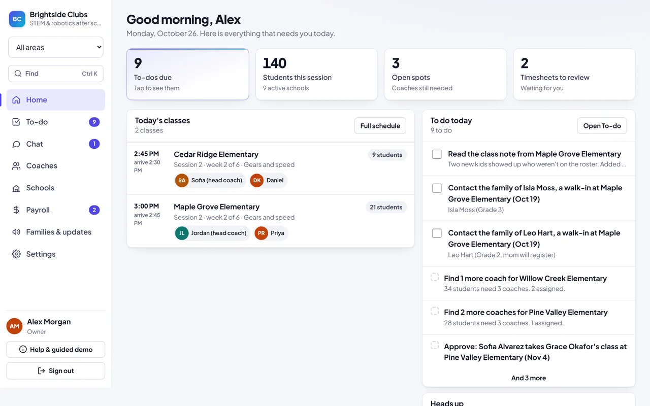 The Huddle Horizon manager portal home screen: today's classes, open spots, timesheets to review and a to-do list that writes itself