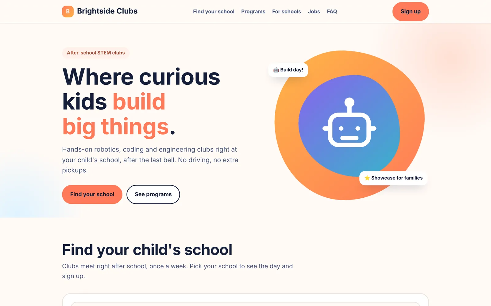 A sample refreshed website for a fictional after-school STEM company, with a Find your school button